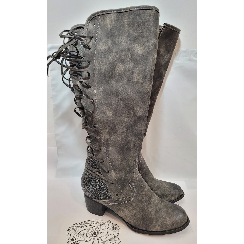 Southern Fried Chics Glory Boots Womens 11 Gray Lace Up Back Glitter Block Heel